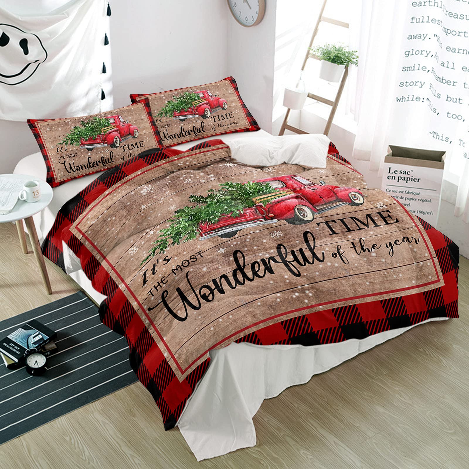 Photo 1 of 3 Pieces Bedding Set Christmas Red Farm Truck Green Tree,Ultra Soft Quilt Covers and Pillow Shams for Bedroom Black Buffalo Grid Retro Plank,Duvet Cover Sets All Seasons Use Home Decor Queen Brown