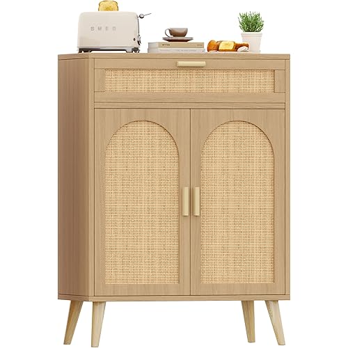 Rattan Buffet Sideboard Cabinet with Storage, Boho Buffet Table with Adjustable Shelf & Doors, Kitchen Floor Storage Cabinet with Drawer, Coffee Bar for Living Room, Dining Room, Entryway, Natural Oak
