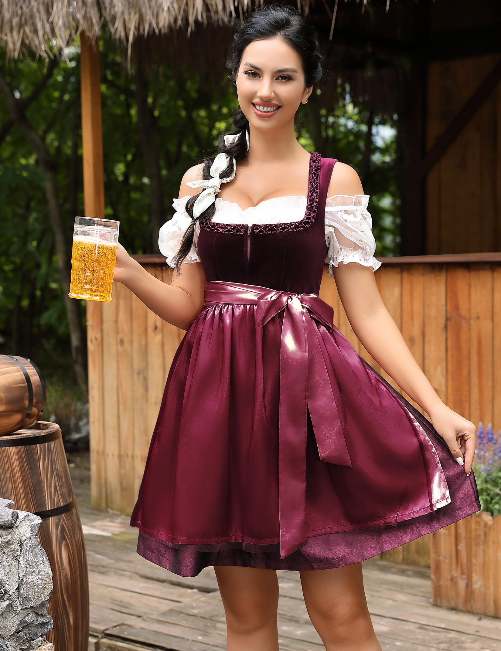 KOJOON Dirndl da Donna 3 Pezzi Abito Tradizionale Midi Dirndl Corto in Velluto alla Moda per Le Occasioni Speciali dell'Oktoberfest 34-48