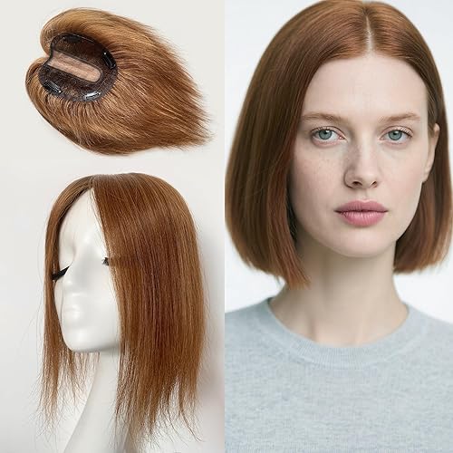 Miniatura 1 de FQNing Adorno de cabello humano con aspecto vívido del cuero cabelludo, base de seda suave atada a mano, pieza de cabello lacio de 5 x 5.5 pulgadas