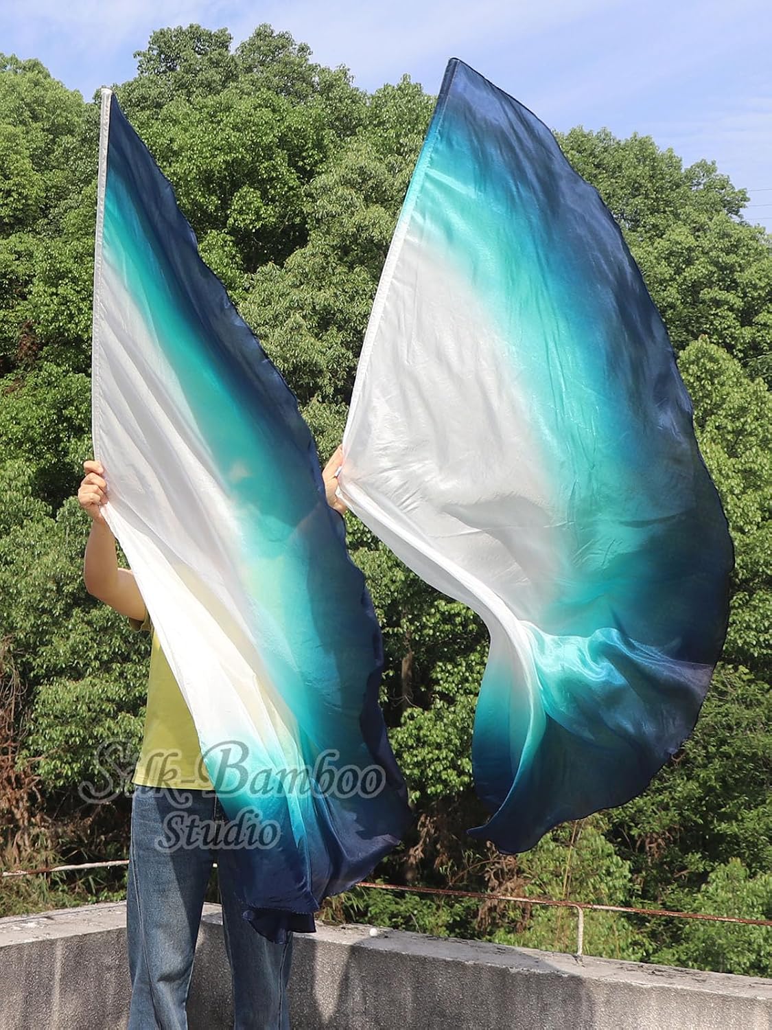 Winged Sirenny 70" Sheer Silk Dance Angel Wings with Flex Rods, Circular Handpainted Fluid Translucent Silk Worship Flags