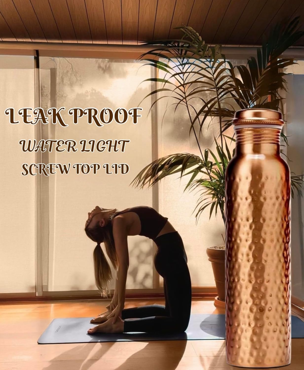 100% Pure Copper Water Bottle For Drinking Water – 34oz Ayurvedic Leak-Proof Copper Bottle | Handmade Hammered Design | BPA-Free, Eco-Friendly, Made in India |