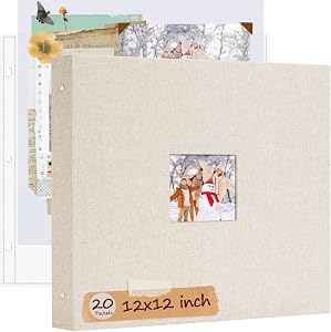 12x12 Inch Large 3 Ring DIY Scrapbook Photo Album, Linen Cover Scrapbook with 20 Sheets Plastic Sleeves 40 Pages Memory Book for Wedding Birthday Baby Family (Beige)