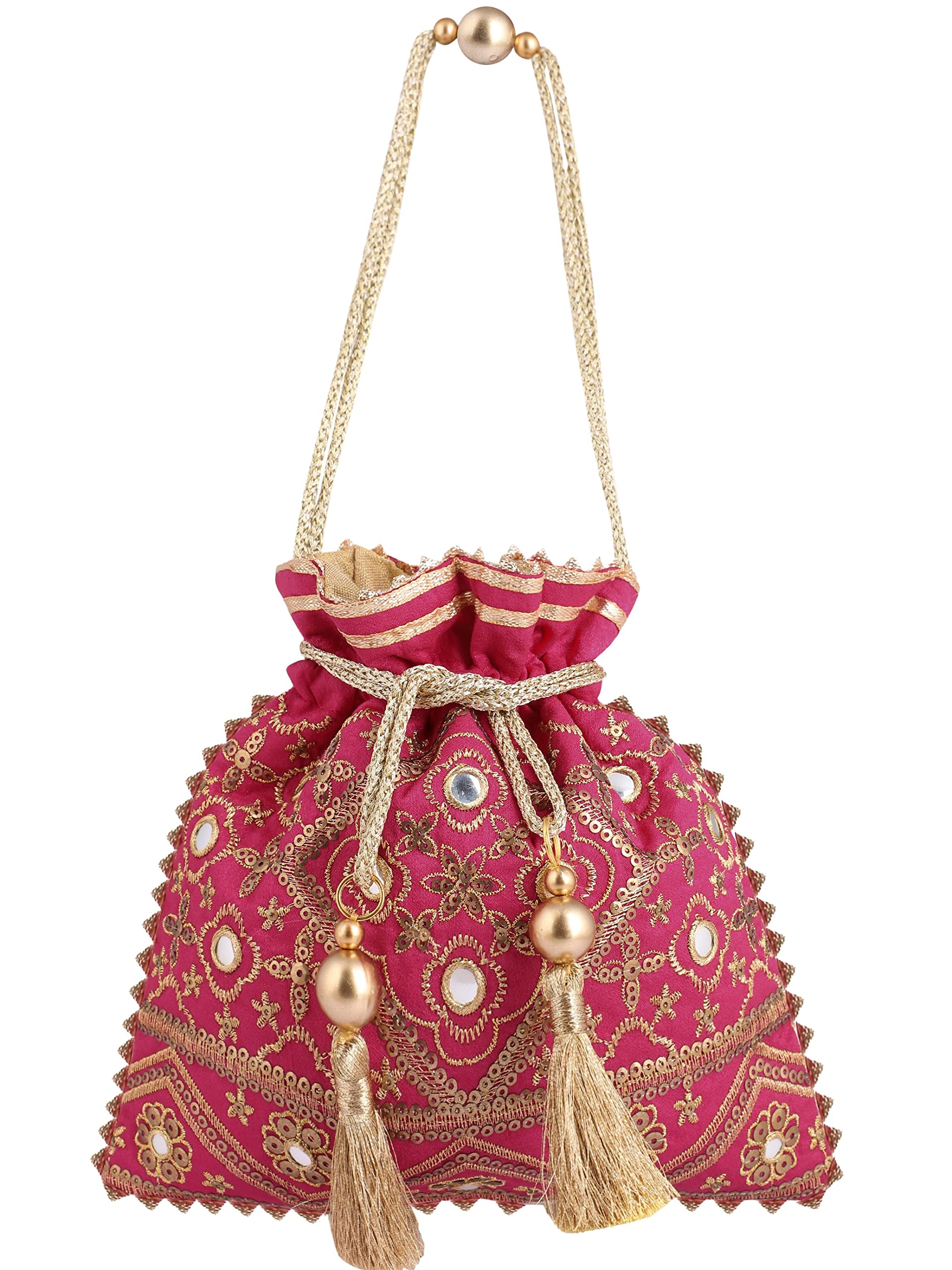 MASQ Women's By Q-One Embroidered Silk Potli Bags - Handcrafted For Weddings, Festive Season & Special Occasions With Beads And Sequins - Made In India, Pink