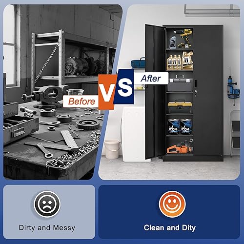 Miniatura 103 de Armario de almacenamiento de metal con puertas con cerradura y 2 estantes ajustables, gabinetes de metal de 71 pulgadas de alto, armarios de garaje,