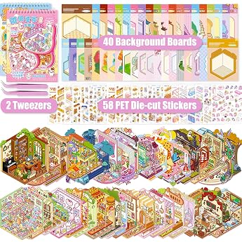 Pack of 40 3D Scenes Sticker Book for Adults Children Sticker Scene Book Miniature House Room Scene Sticker Therapy DIY Sticker Book House with Sticker Room Tweezers for Girls and Boys