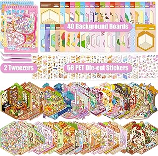 40 Pièces Sets 3D House Sticker Scene Kit, Autocollant Scene, Sticker Therapy, Stress Relief Autocollant Scene, 58 PET Autocollants, 20 DIY Miniature House, 2 Pincette, pour Adulte Enfants Adolescent