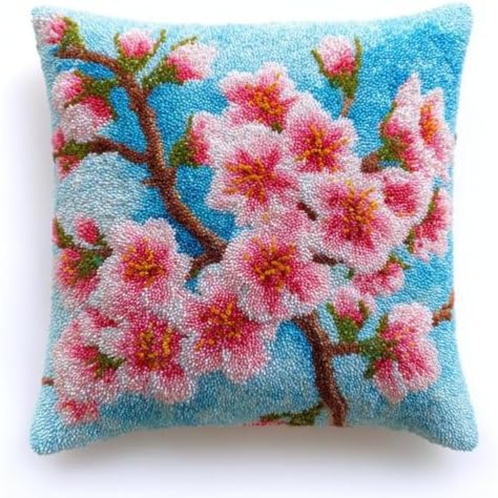 kitphoenix Latch Hook Cushion Cover Kit for Adults Beginners,Cherry Blossom Flowers,DIY Pillow Cover Making Kit with Pre-Cut Yarn,Pre-Printed Canvas and Hook,43x43 cm Craft Hobby Gift