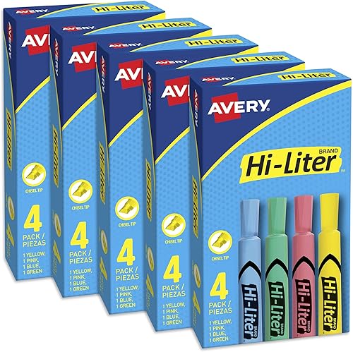 Avery Resaltadores estilo escritorio, 4 colores surtidos por paquete, 5 paquetes, 20 resaltadores en total (17752)