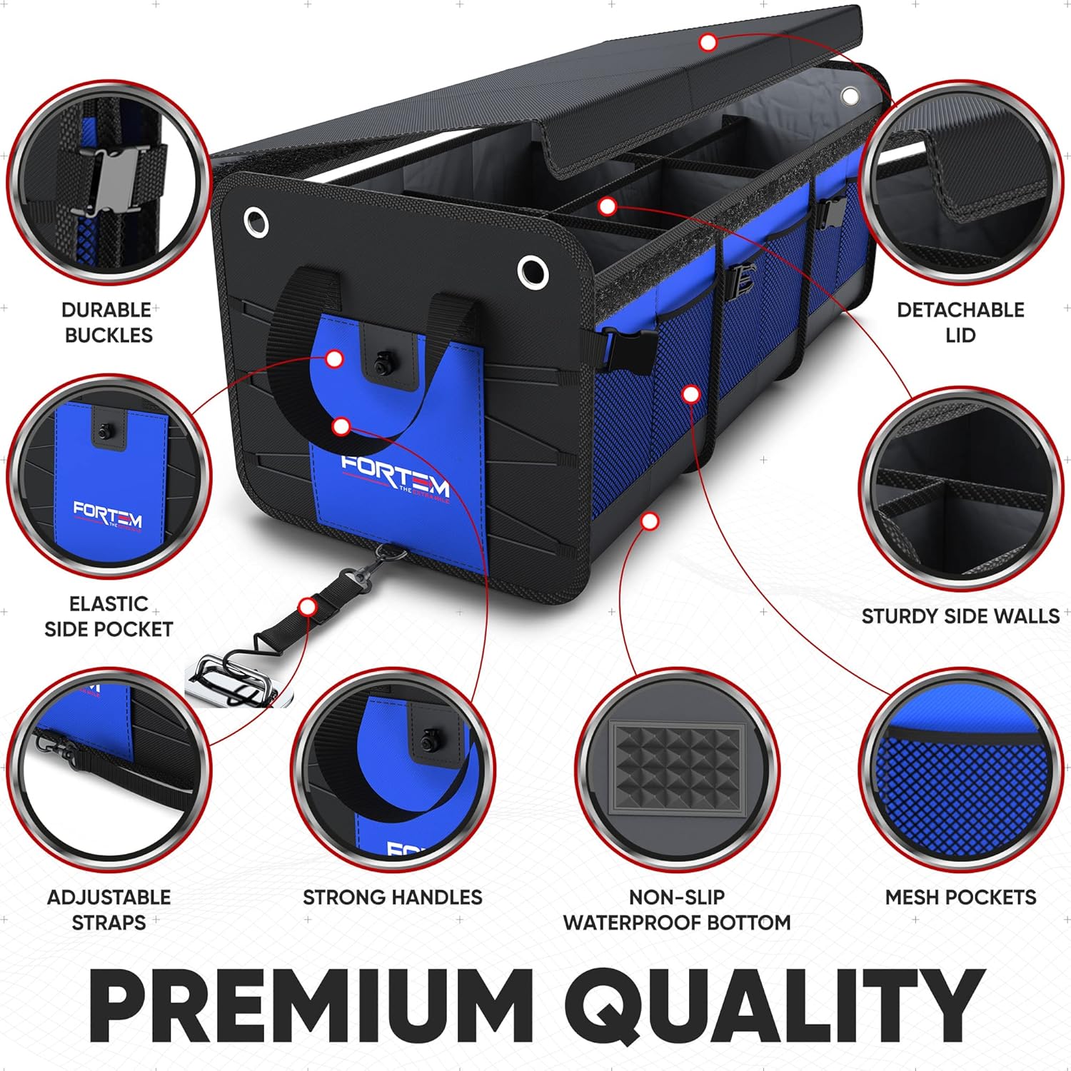 FORTEM Car Trunk Organizer (3 Compartment, Blue) + Portable Tire Inflator