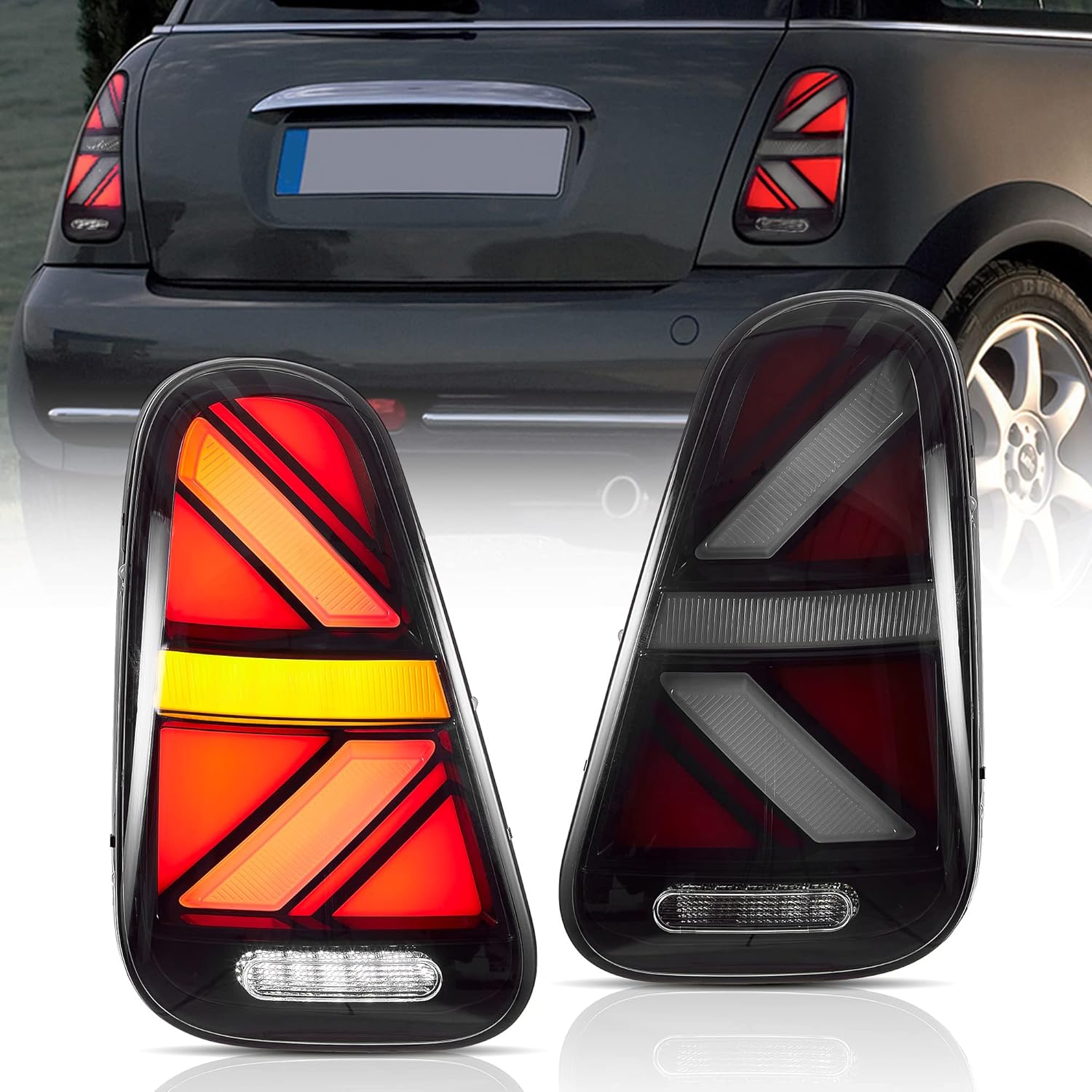 VLAND LED Tail Lights Assembly for Mini Cooper 2001-2006 R50 R52 R53, 1st Gen Base/Hatchback/Convertible, Start-up Animation/Breathing Lights, Sequential Turn Signals, Play and Plug (Color-Clear)