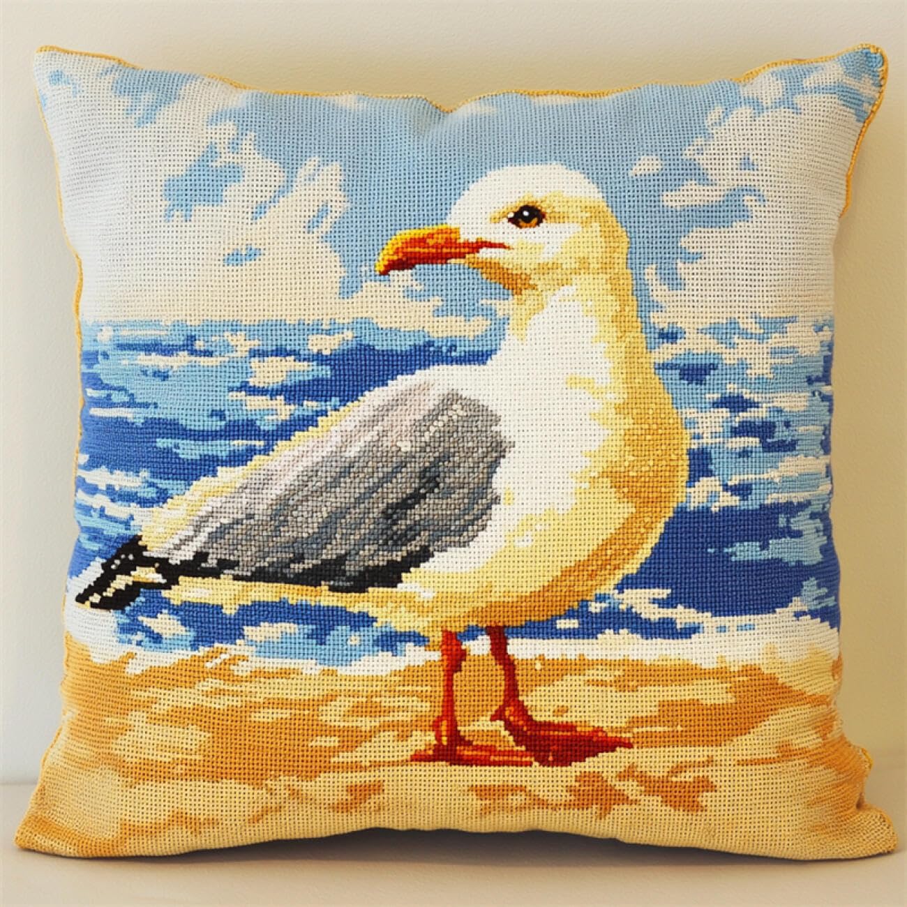 Henypt 9CT Cross Stitch Pillow Case Kit Cartoon Seagull Animal DIY Cushion Embroidery Kit Needlepoint Handmade Needlework Cushions Kits Stitched Pillow Cover Set for Adults Beginners 50x50cm