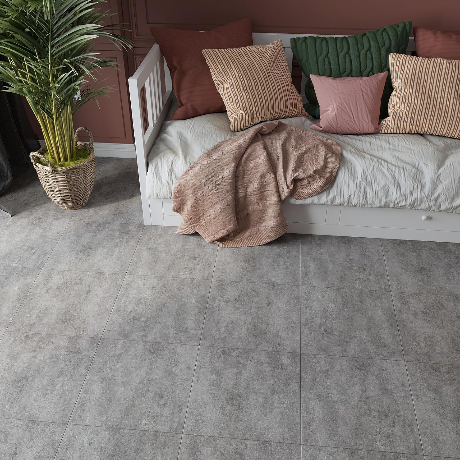 VaryStyle 18-Pack Grey Slate Peel and Stick Floor Tiles Waterproof Bathroom Tiles Vinyl Flooring Tiles 12"x12" Self Adhesive Removable Thick Stick on Floor Tile for Kitchen Bedroom Basement Flooring