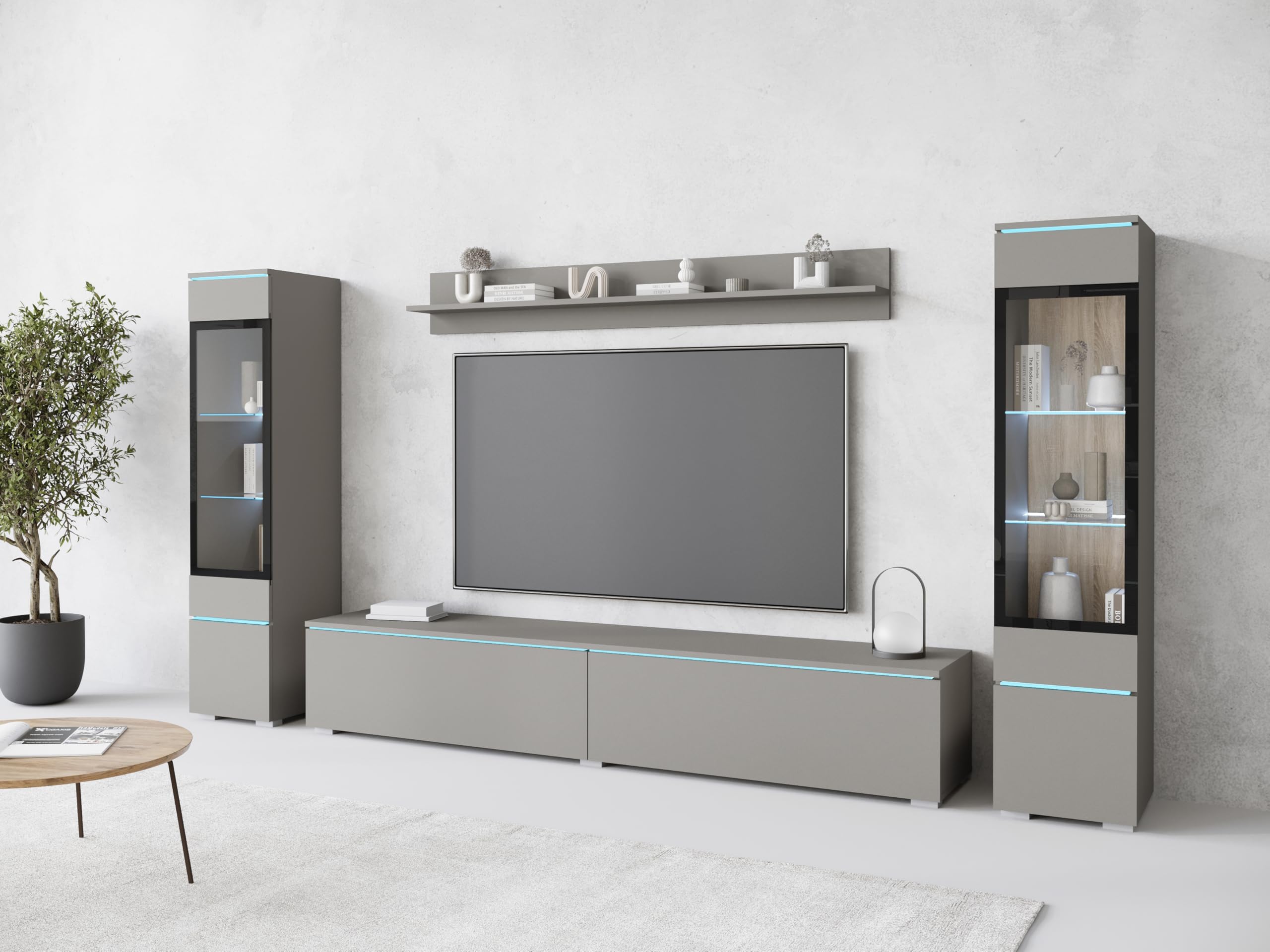 MINIO go for it - Wohnwand 4-Teilig Set Veve 2, Hängend/Stehend - mit LED | Vitrine, Lowboard, Wandboard, Farbe: Grau matt