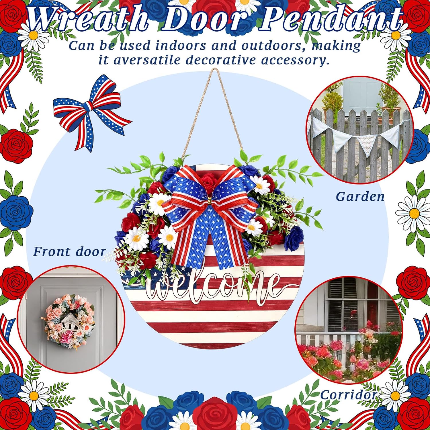 Kathfly 4th of July Decoration Door Wreath 250th Anniversary Patriotic Wooden Wreath 12 Inch Welcome Door Sign for Front Doors Independence Day Flower Wreaths Red White Blue Outdoor Decor