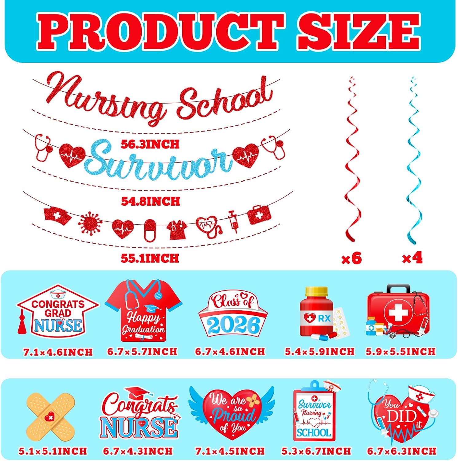 Glitter Nursing School Survivor Banner with Class of 2026 Graduation Hanging Swirls Streamers Nursing Graduation Party Supplies Nurse Grad Photo Props for RN/BSN Nurse Grad Decorations