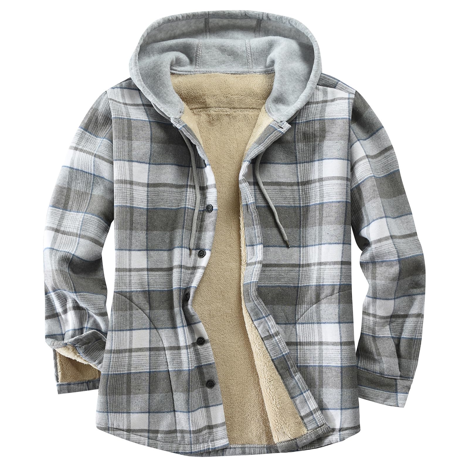 Men's Cotton Plaid Shirts Jacket Fleece Lined Flannel Shirts Sherpa Button Down Jackets with Hood for Men