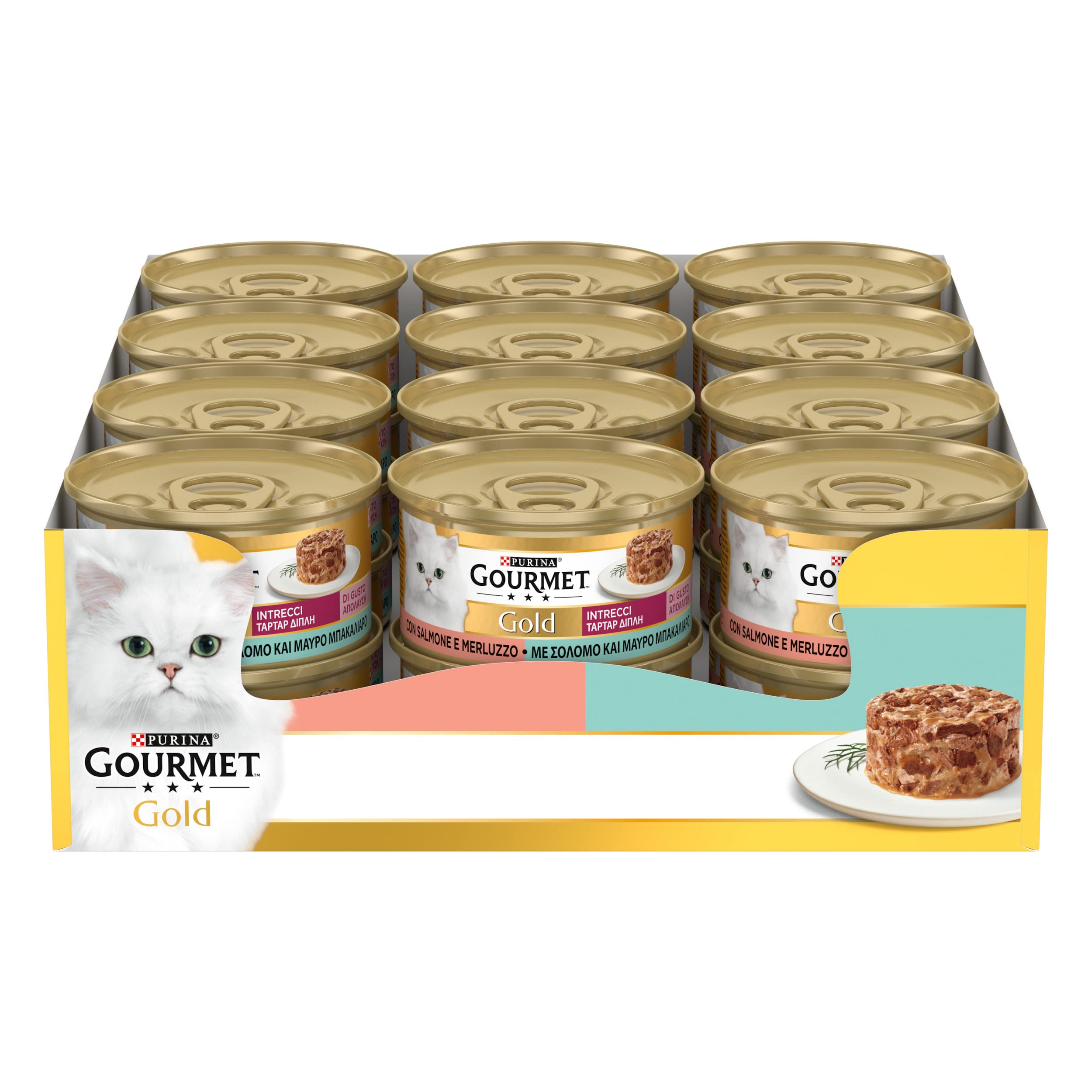 GOURMET Gold Intrecci di gusto Cibo Umido per Gatti Adulti Tortino con Salmone e Merluzzo 24 Lattine da 85g