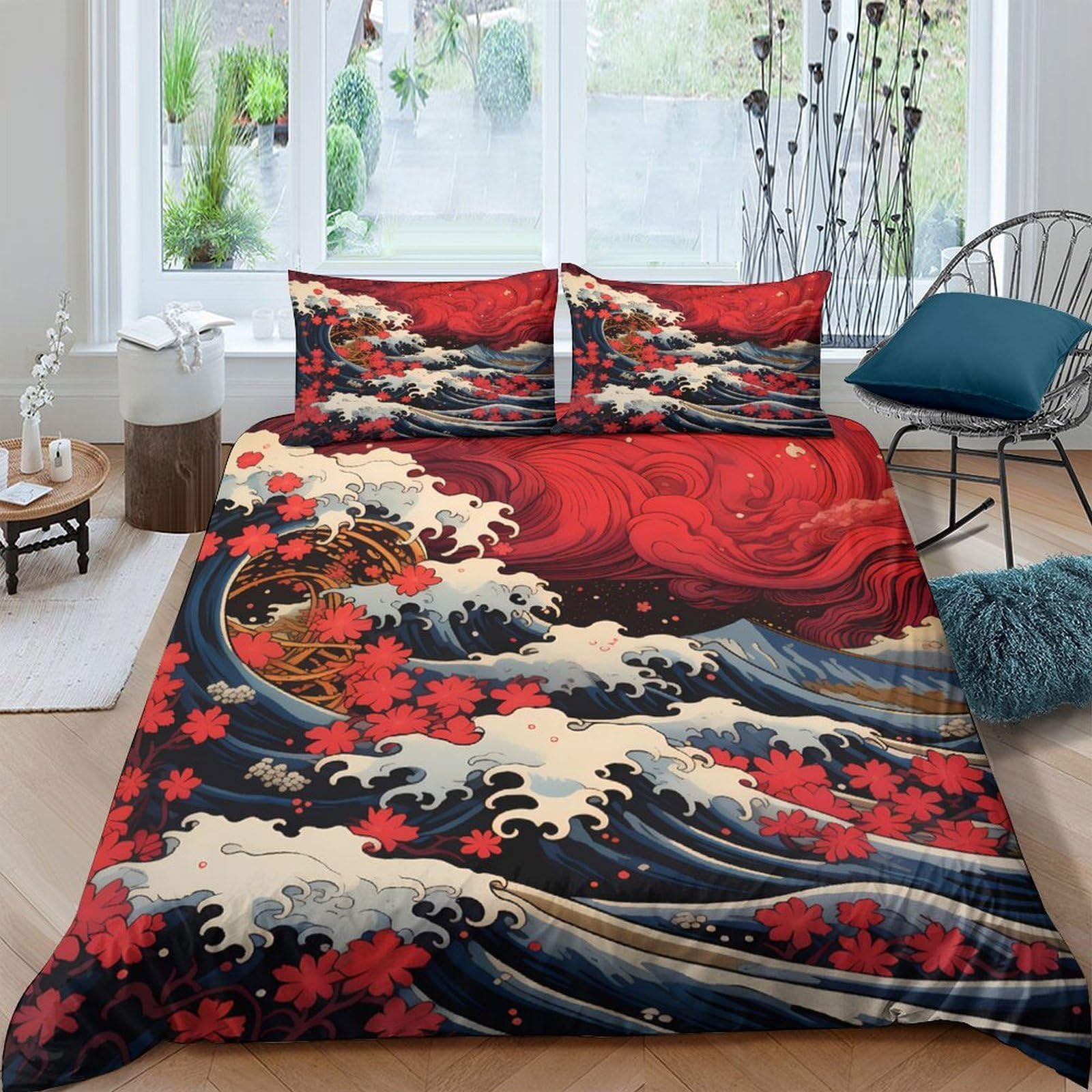 Ctjqhvkz Style-1 3D Printed Japanese Wave Fitted Sheet Microfiber Red Sakura Bed Cover For Bedroom Guestroom Mattress Protection Decor Single（135X200cm）