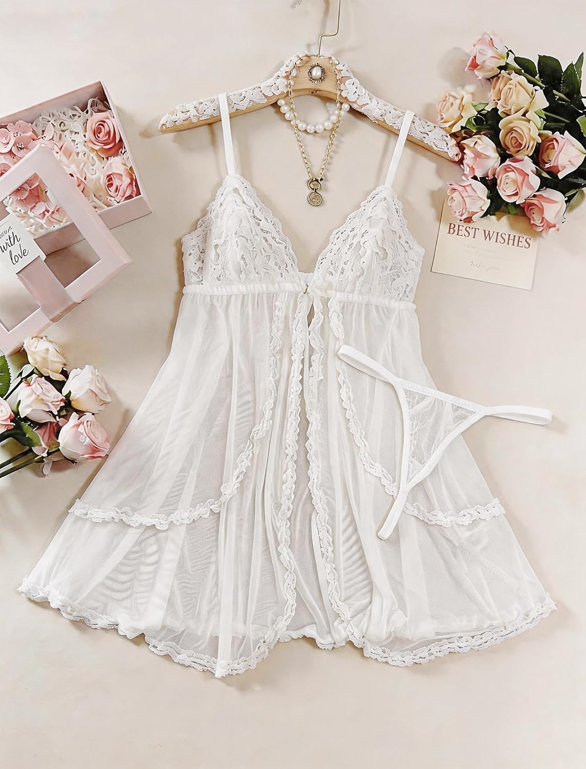 Lace Babydoll Nightgown Women's Sexy Deep V-Neck Lingerie, Sheer Mesh Mini Slip Dress with Thong