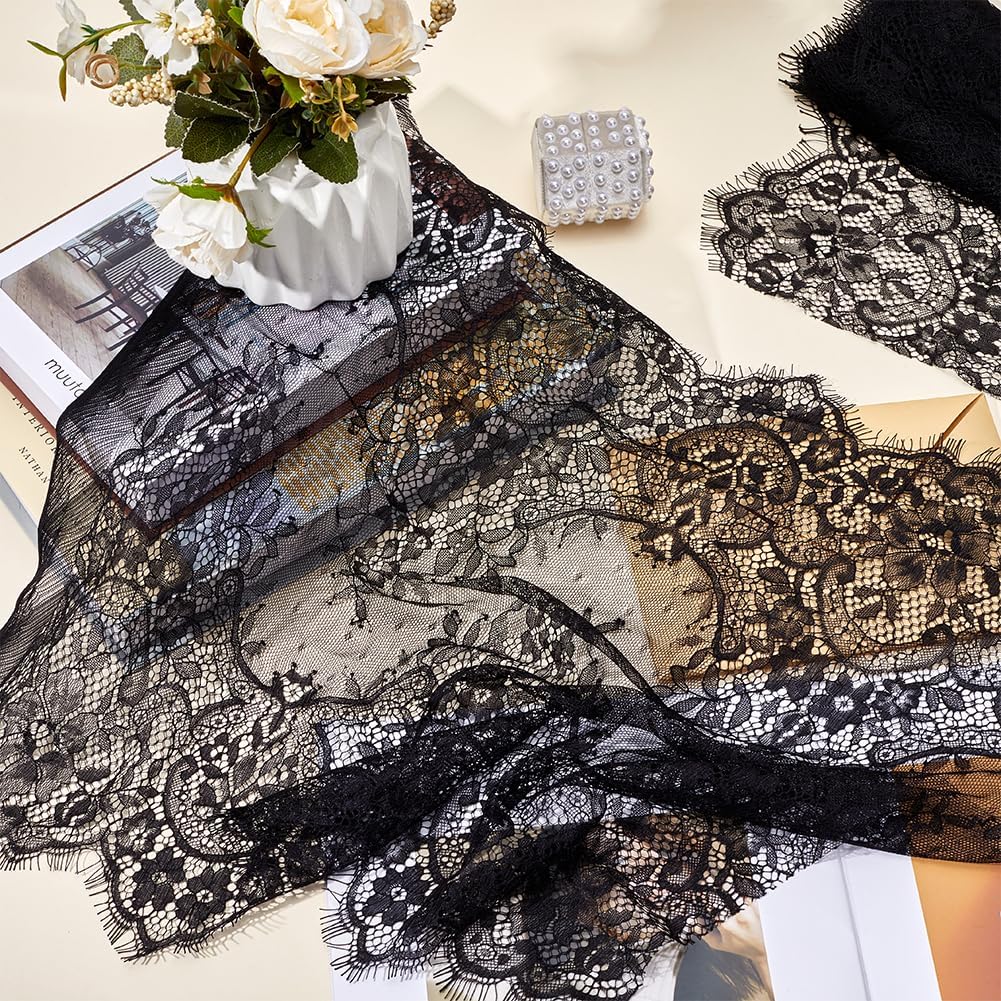 MAYJOYDIY 3.3 Yard Lace Fabric with Eyelash Lace Ribbon with Floral PatternNylon Lace Ribbon Soft Durable Lace Fabric 16.4" Wide for Wedding Sewing DIY Crafting Home Decor, Black