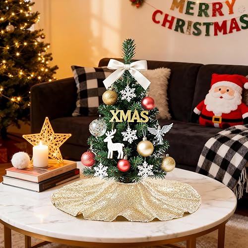 Miniatura 16 de Falda de árbol de Navidad de lentejuelas: Falda de árbol de bronce de 24 pulgadas, falda de satén con lentejuelas Falda de árbol pequeño