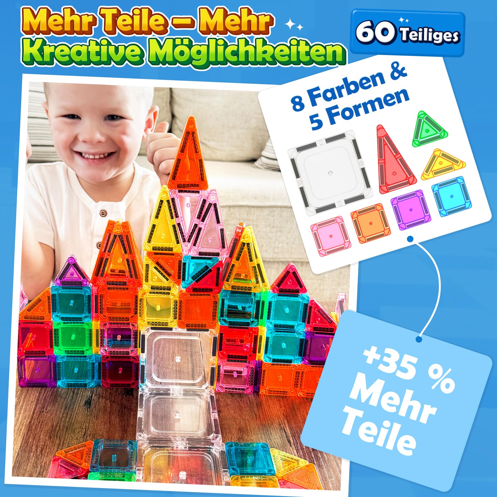 Mini Magnetische Bausteine Reiseset 60PCS mit Metallbox, STEM Lernspielzeug | Tragbares Reisespielzeug ab 3 Jahren für Kinder, STEM Bauspielzeug, Sensorik-Spielzeug, kompatibel mit Magnetbausteinen
