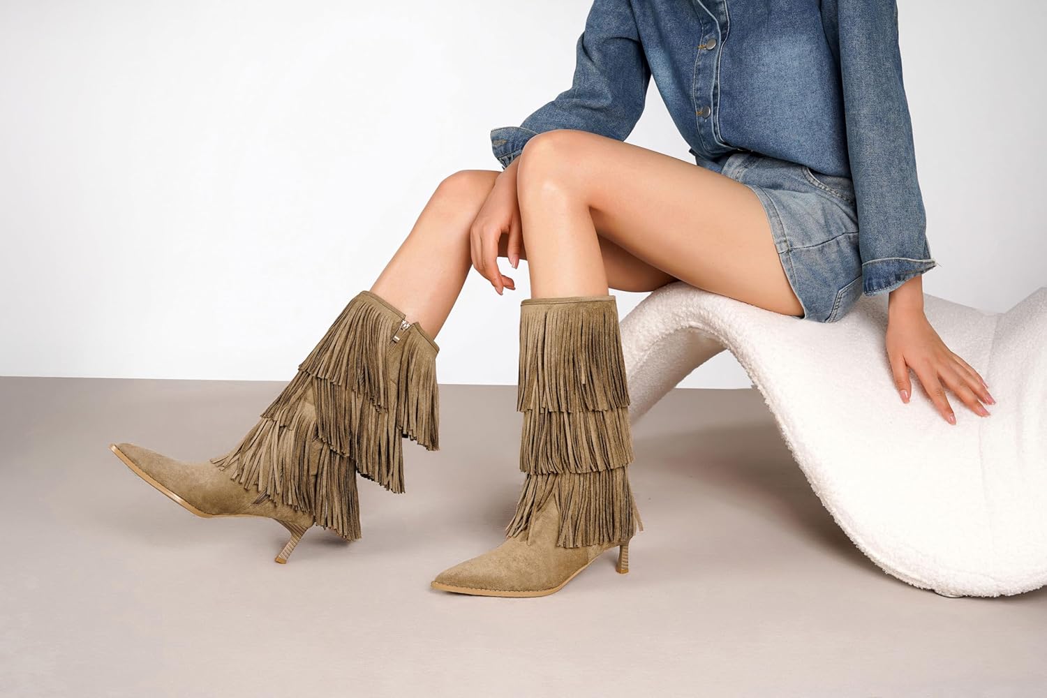 Vertundy Women's Fringe Boots Kitten Heel Pointed Toe Mid Calf Boots Tassels Design Fashion Suede Heeled Shoes - Image 7