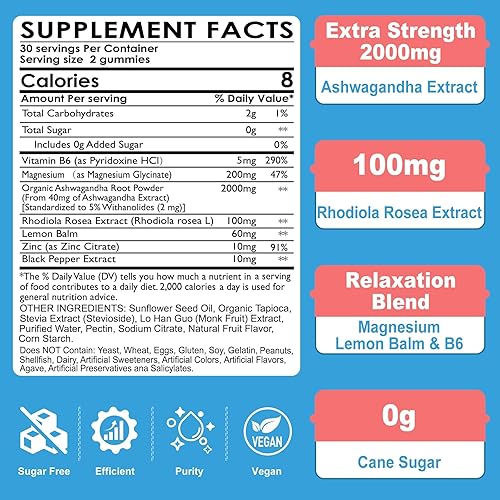 Miniatura 3 de Gomitas Ashwagandha, gomitas de glicinato de magnesio de 200 mg para adultos, vitamina B6, zinc, Rhodiola Rosea, bálsamo de limón, apoyo de