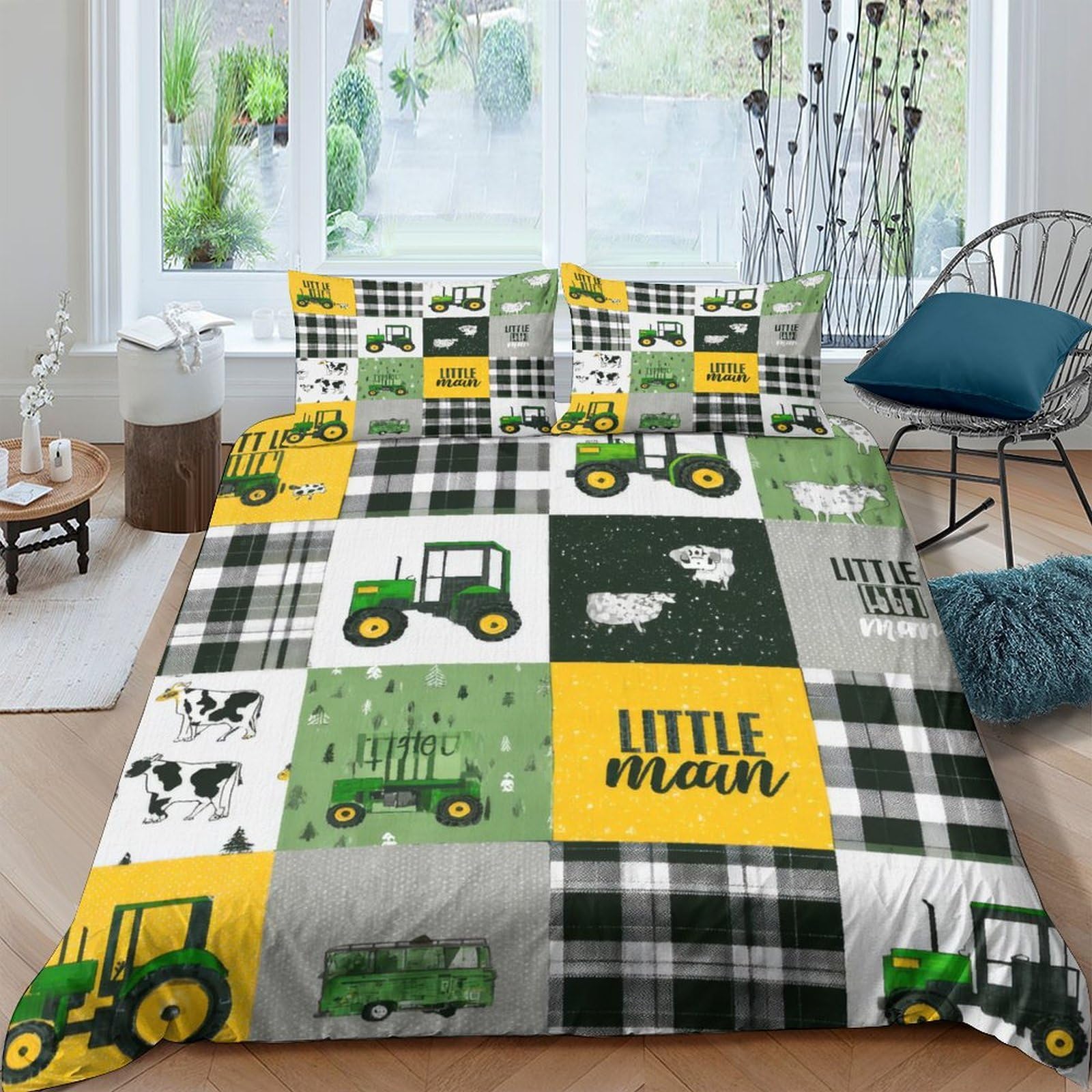 GPLZQXKJNH 3D Printed Farm Tractor Duvet Cover Microfiber Soft Breathable Cow Patchwork Bedding Set with 2 Pillowcases for Bedroom Decor Single（135x200cm）