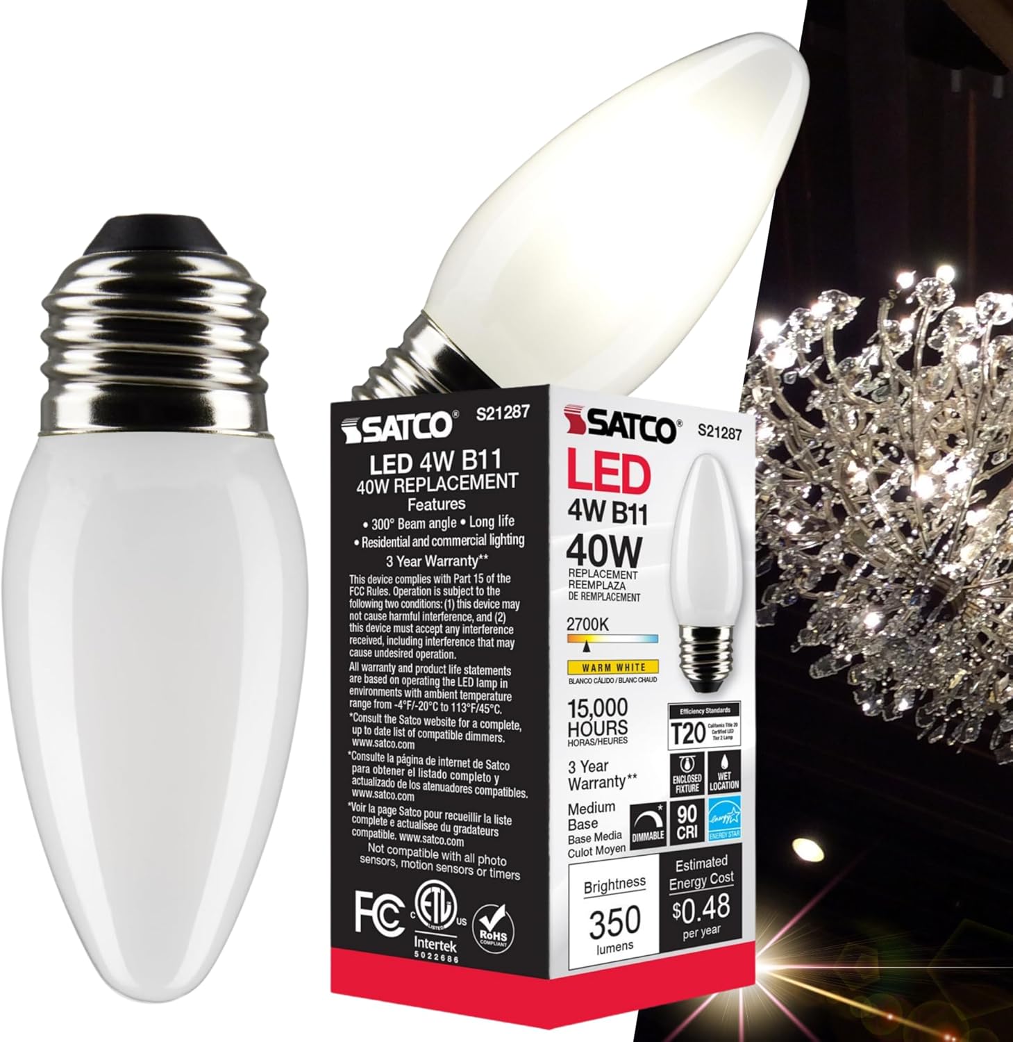 Satco S21287 4 Watt B11 LED Light Bulb, Frost, Medium Base (E26), 90 CRI, 2700K Warm White, 120V, Dimmable, 350 Lumens (2 Pack)