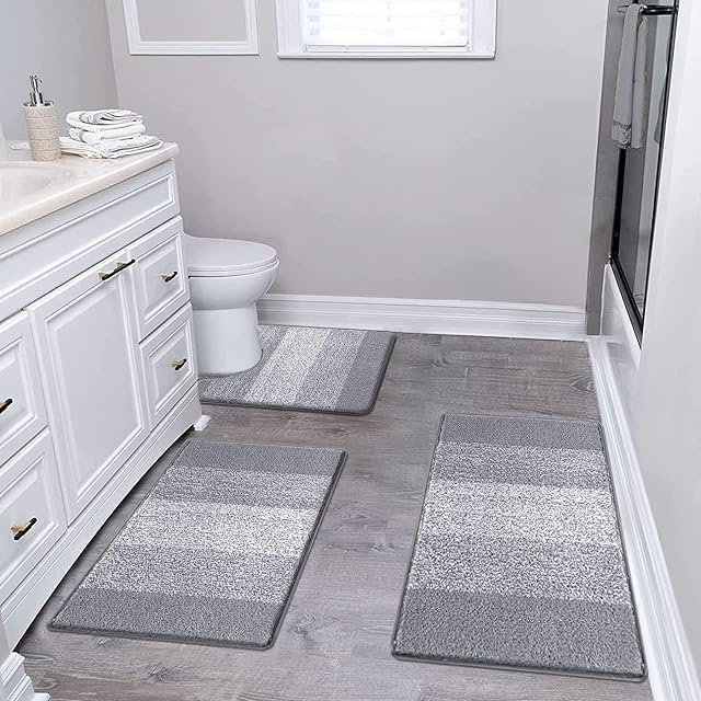 Enyhom Soft Bathroom Mat Sets 3 Piece Microfiber Water Absorbent Bath Mats and Toilet Mat Sets Non Slip Machine Washable Shaggy Bath Shower Rugs, Light Grey