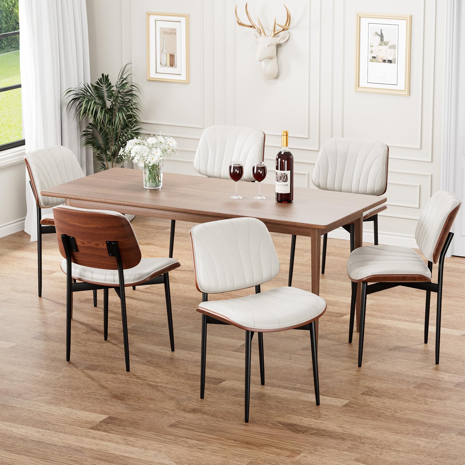 Dining Chairs Set of 6, Mid-Century Modern Upholstered PU Leather Chairs with Walnut Bentwood Back and Metal Legs Adjustable Feet for Kitchen Dining Room, Off-White Shell Strips