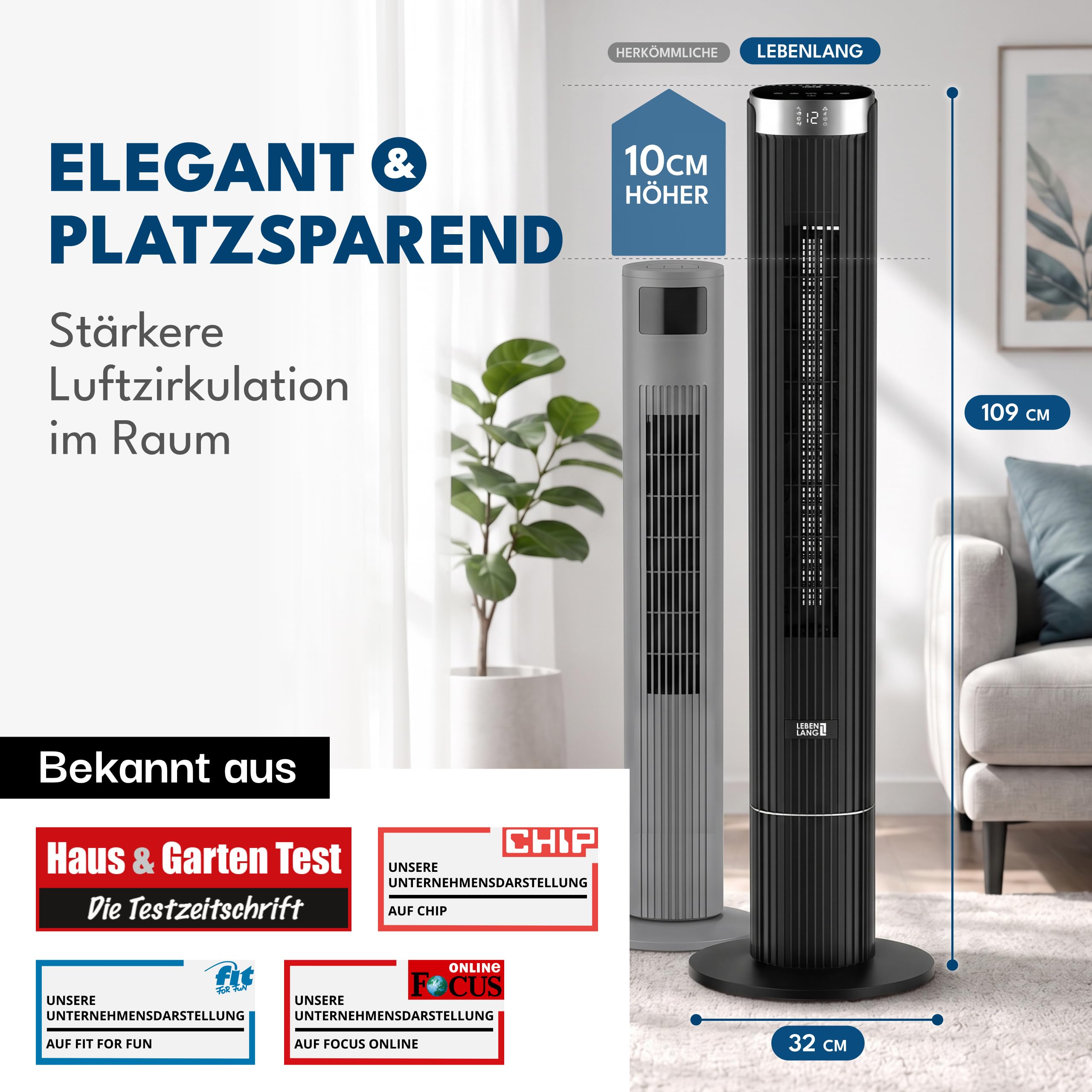 LEBENLANG Turmventilator Sehr Leise 19,8 dB(A) - 4 Modi & 90° Oszillation | Ventilator Leise Schlafzimmer Ventilator mit Kühlung Standventilator Ventilatoren Air Cooler Tower Fan I 12 Geschwindigkeiten