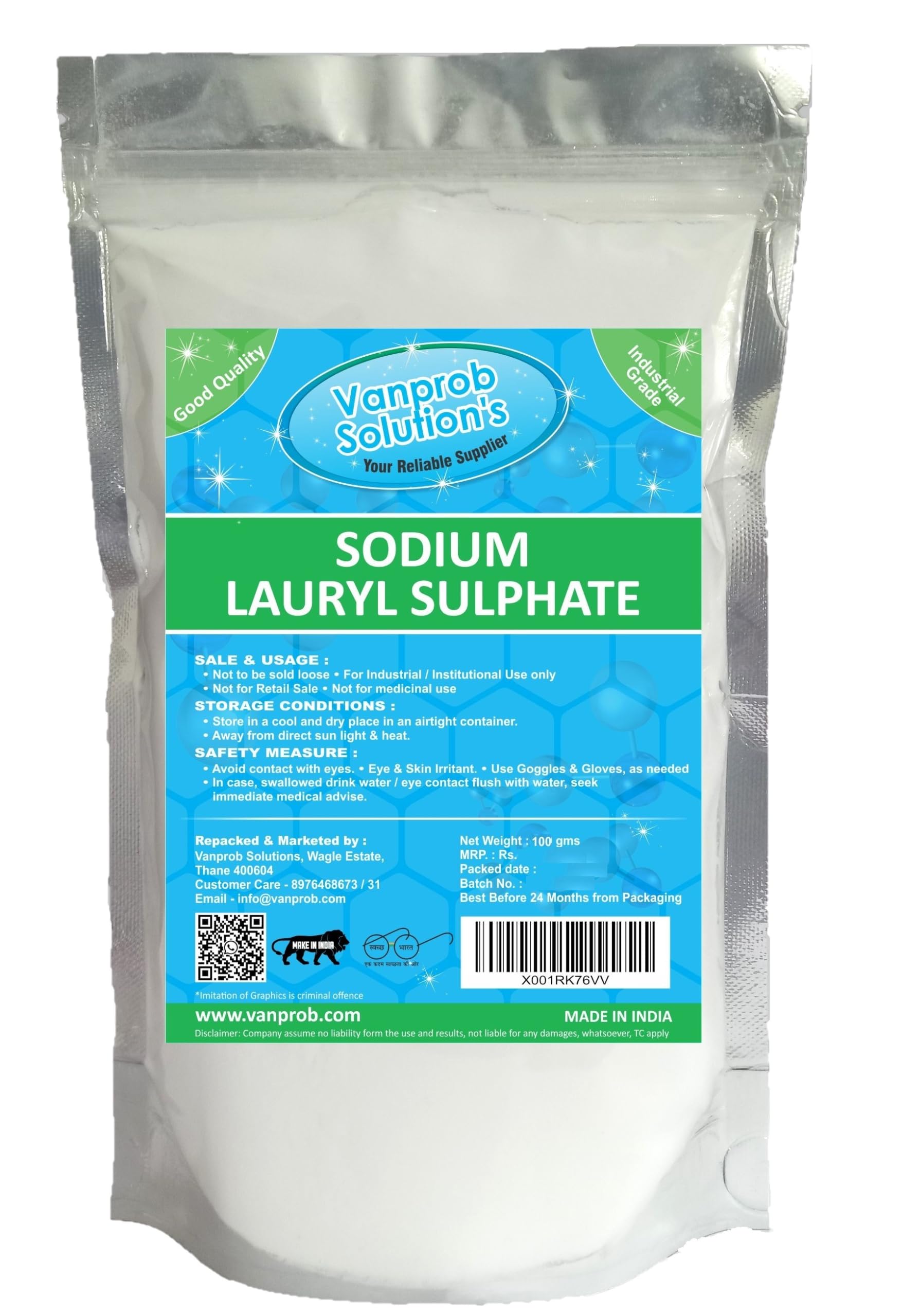 Vanprob Solutions Sodium Lauryl Sulphate SLS Powder 95% - Surfactant, Foaming & Cleaning Agent, For Making - Soap, Shampoo, Cosmetics, Moisturizer, Lotion, Personal Care - 100 gms x 1 Pack (B0C4PGLWR2) Amazon Price History, Amazon Price Tracker