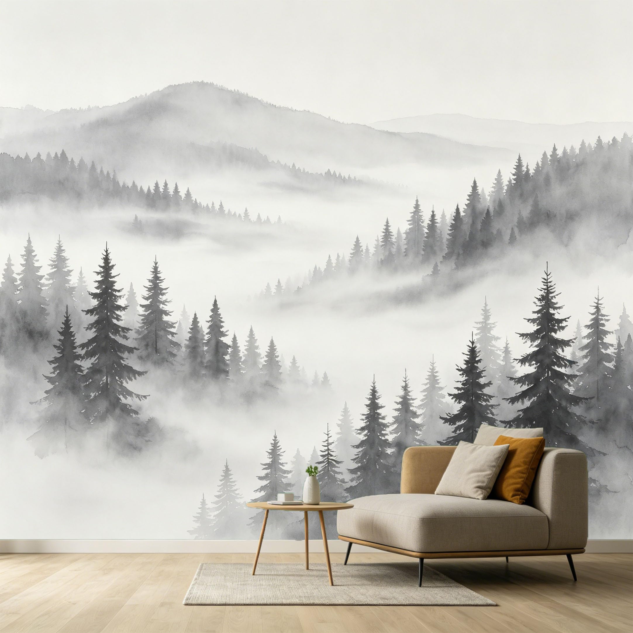 Custom Size Wall Murals Misty Forest Landscape Watercolor Monochrome Pine Tree Mountains SelfAdhesive Wall Fabric Removable Large Wallpaper for Photo Living Room