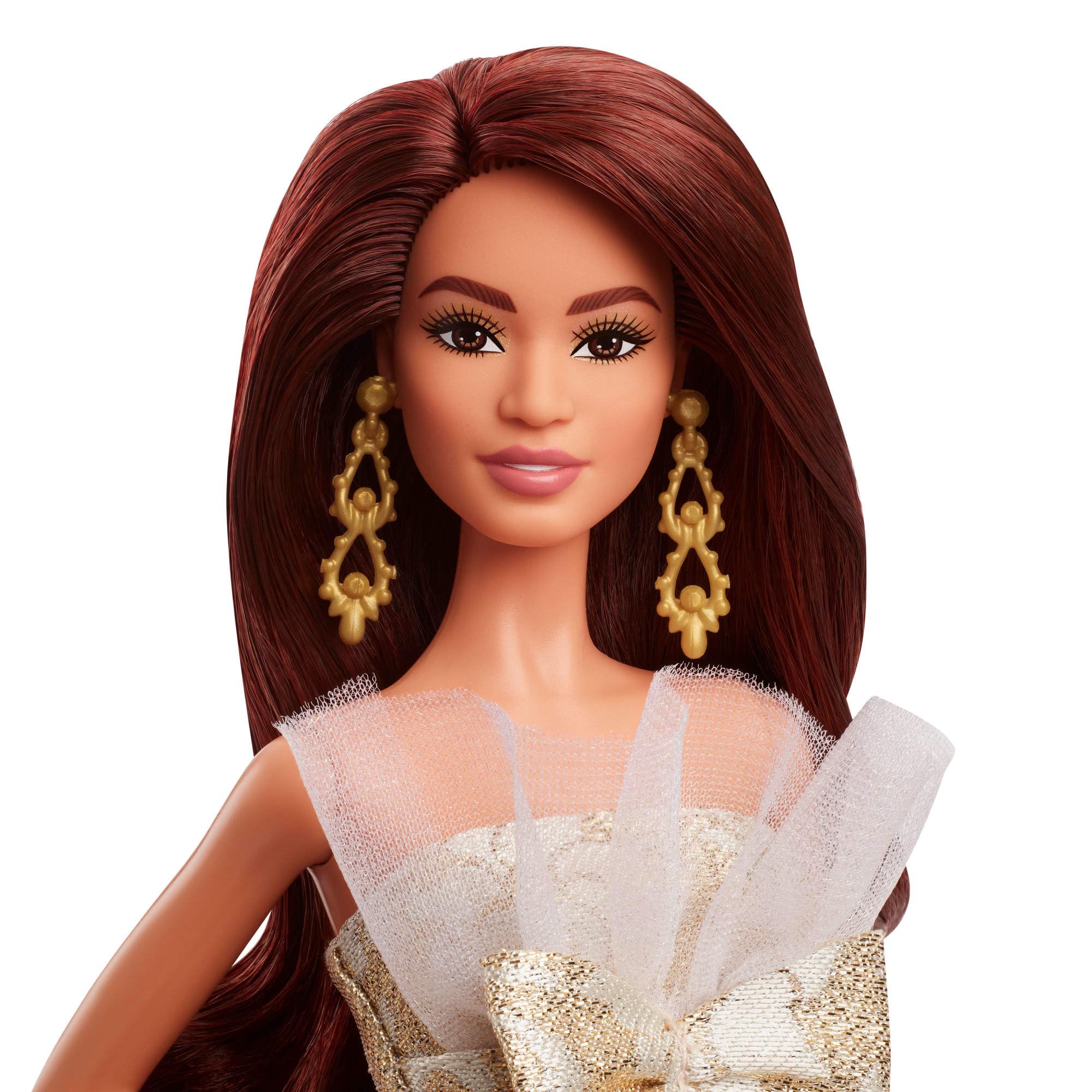 Barbie Signature Magia delle Feste 2025, bambola da collezione con capelli castani e abito argento e oro, confezione da esporre, regalo per le feste, giocattolo per bambini, 6+ anni, JBJ02
