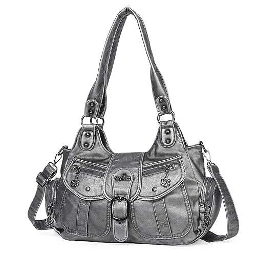 Angel Kiss Hobo Bags for Women Vegan Leather Shoulder Purses and Handbags Ladies Roomy Tote Bags Purse with Crossbody Strap - Silver Grey