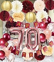 Vista 7 de Decoraciones de cumpleaños número 70 para mujer, decoración de fiesta de cumpleaños número 70, color burdeos y oro rosa, decoración de cumpleaños
