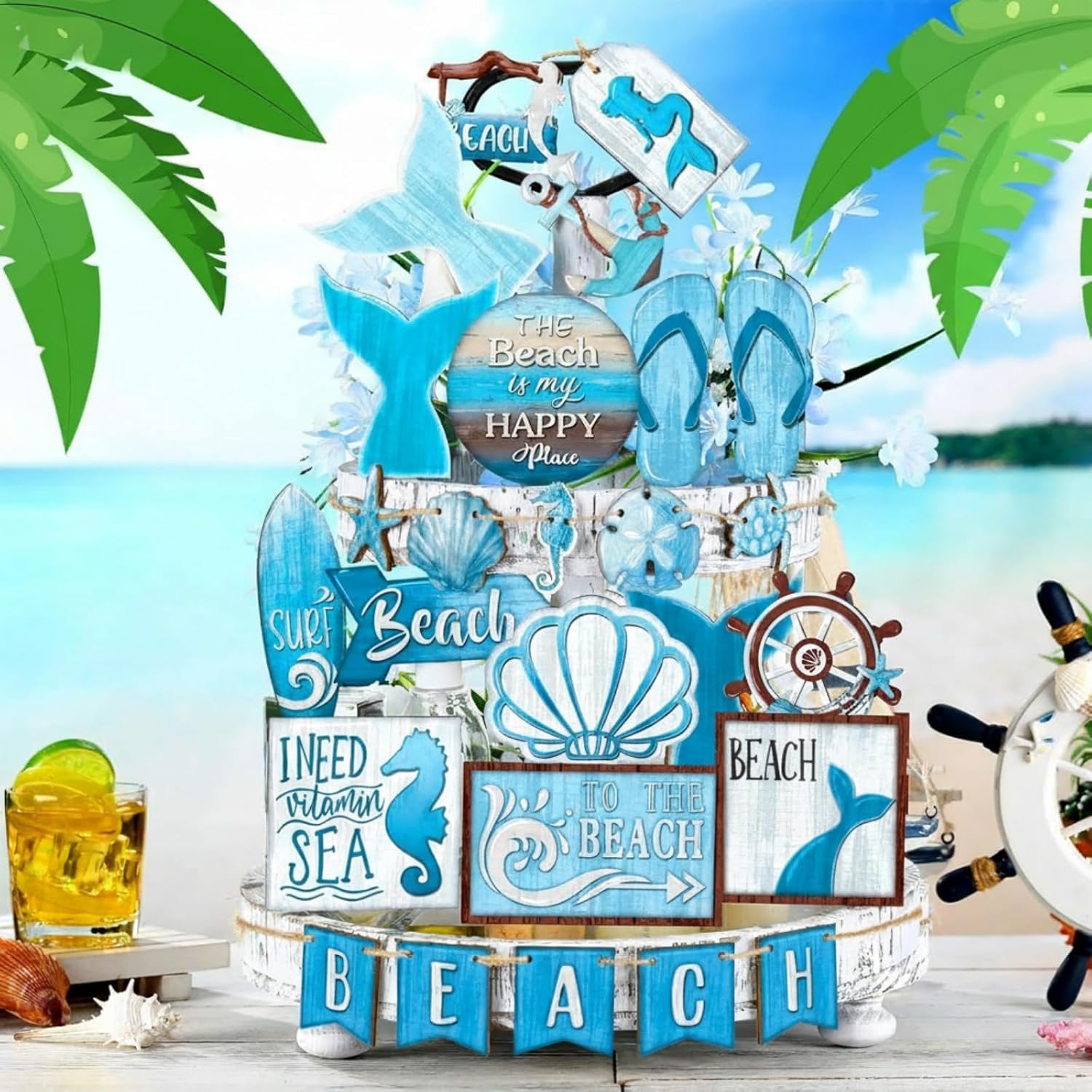 26 Pcs Summer Beach Tiered Tray Decor Set Blue Ocean Wood Signs image 2
