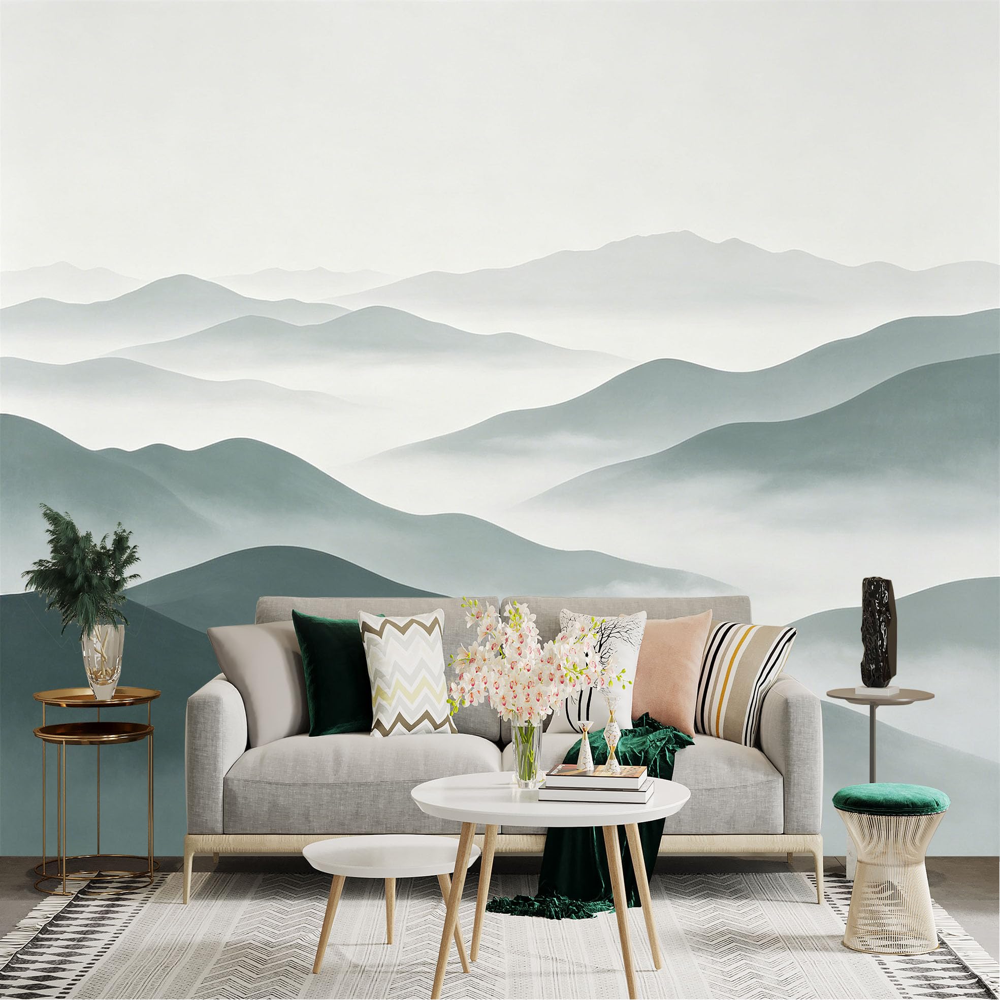 Lnzczhyre Dbh260521405 Custom Size Wall Sticker Mural， Abstract Mist Covered Mountains， Minimalist Soft Green Hills， Serene Landscape， Foggy Peaks， For Wall Decoration， Peelandstick Wall Decals.