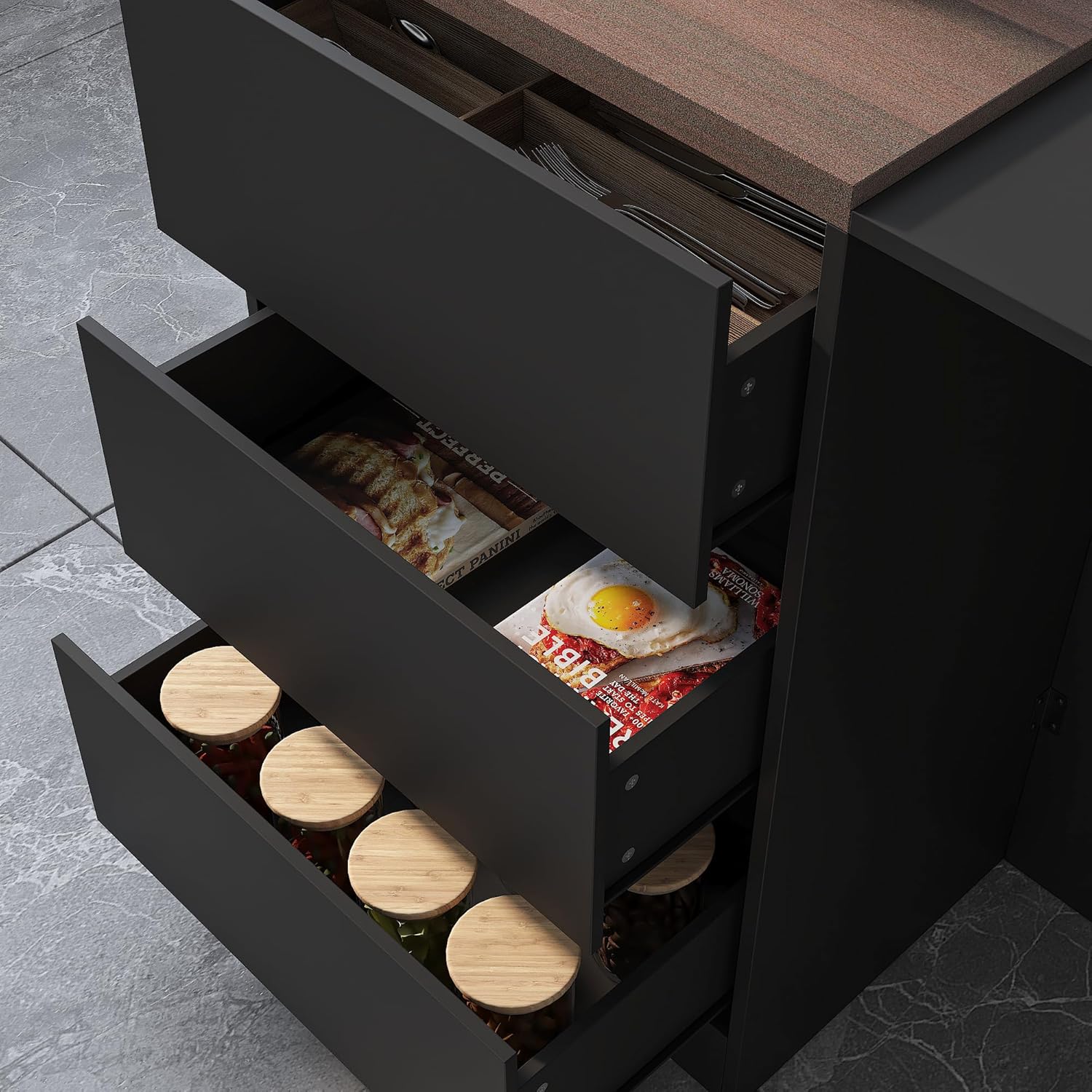 77.6" W Large Kitchen Island with Storage & 3-Color Light, Island Table with Glass Doors, Adjustable Shelf and Drawers for Kitchen Dining Room, Black & Brown Wood Grain
