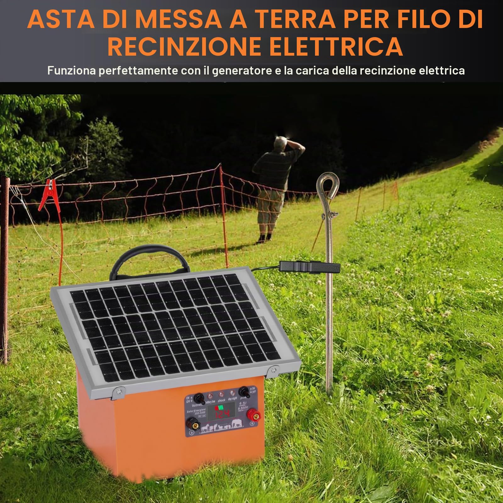 45cm Perno di Terra per Recinto Elettrico con Cavo di Collegamento | Cavo con Pinze per Energizzatore e Caricatore Solare, Accessori per Recinto Elettrico