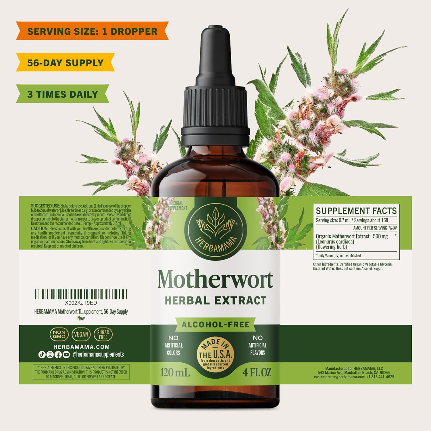 HERBAMAMA Motherwort Tincture - Vegan Motherwort Herb Extract Calming Drops for Women's Support - Non-GMO, Alcohol & Sugar-Free Liquid Relaxation Supplement, 56-Day Supply - Image 8