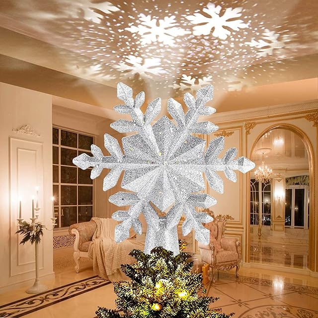 Avoalre Christmas Tree Topper Projector Light Star Tree Topper for Christmas Decoration Snowflake Light Tree Topper with Rotating LED Adjustable Light Silver Xmas Tree Topper Gift Bedroom Decor