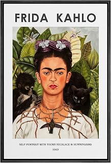 IDEA4WALL Framed Canvas Print Wall Art Self Portrait Necklace & Hummingbird by Frida Kahlo Historic Cultural Illustrations Fine Art Colorful for Living Room, Bedroom, Office - 16"x24" Black