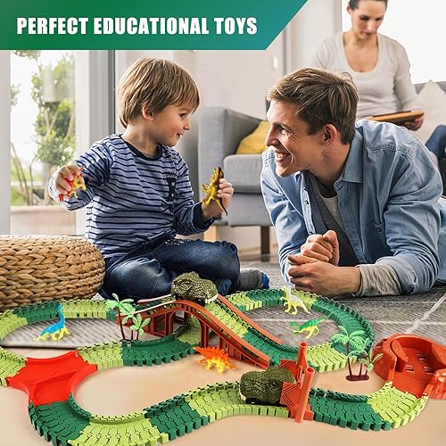 Miniatura 5 de Juguetes de dinosaurio para niños de 4 a 7 años, crea una carrera mundial de dinosaurios  Juego de pista de tren flexible con 2 autos y 8