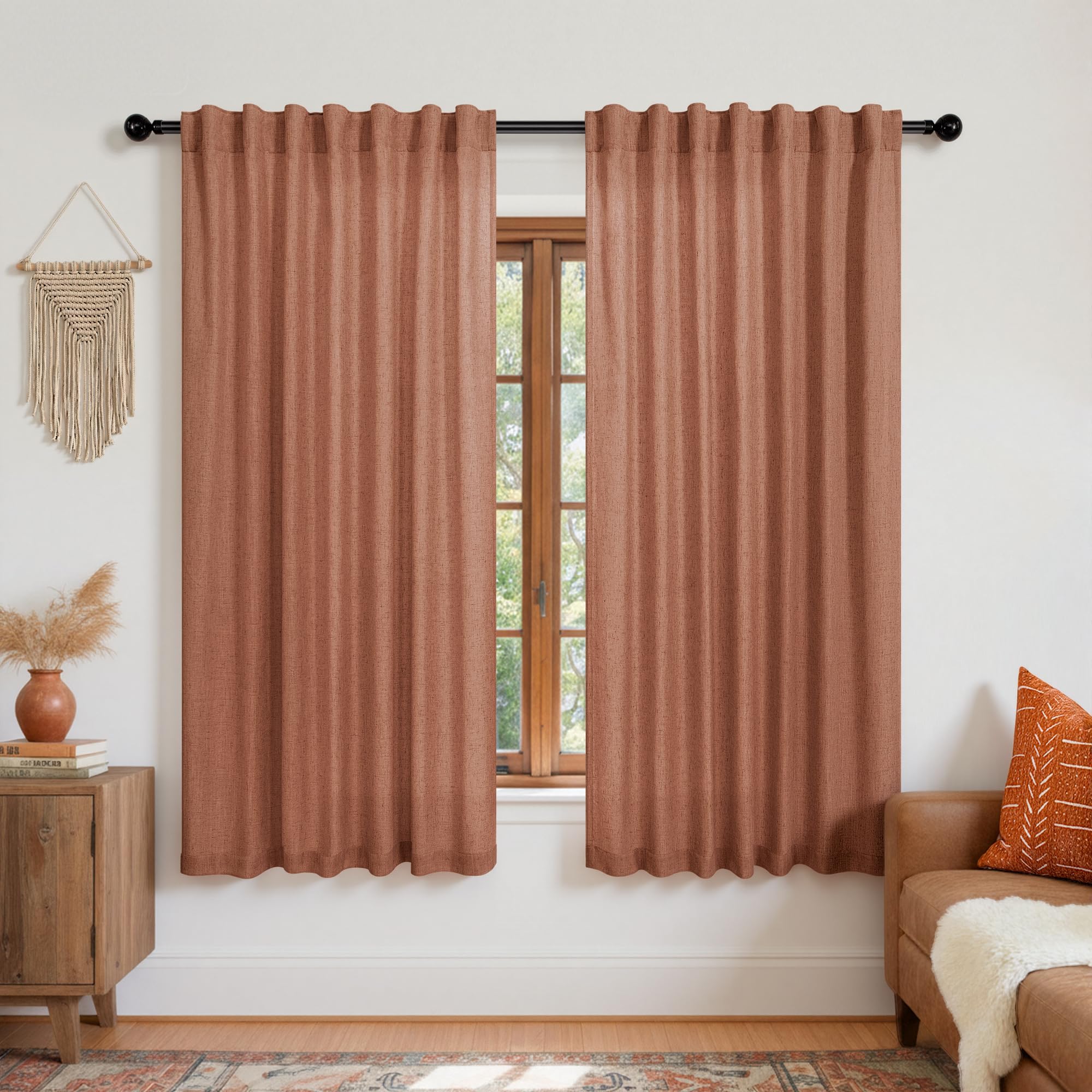 KOUFALL Terracotta Back Tab Rod Pocket Linen Sheer Curtains 52x54 Inch Length for Bedroom — image 1
