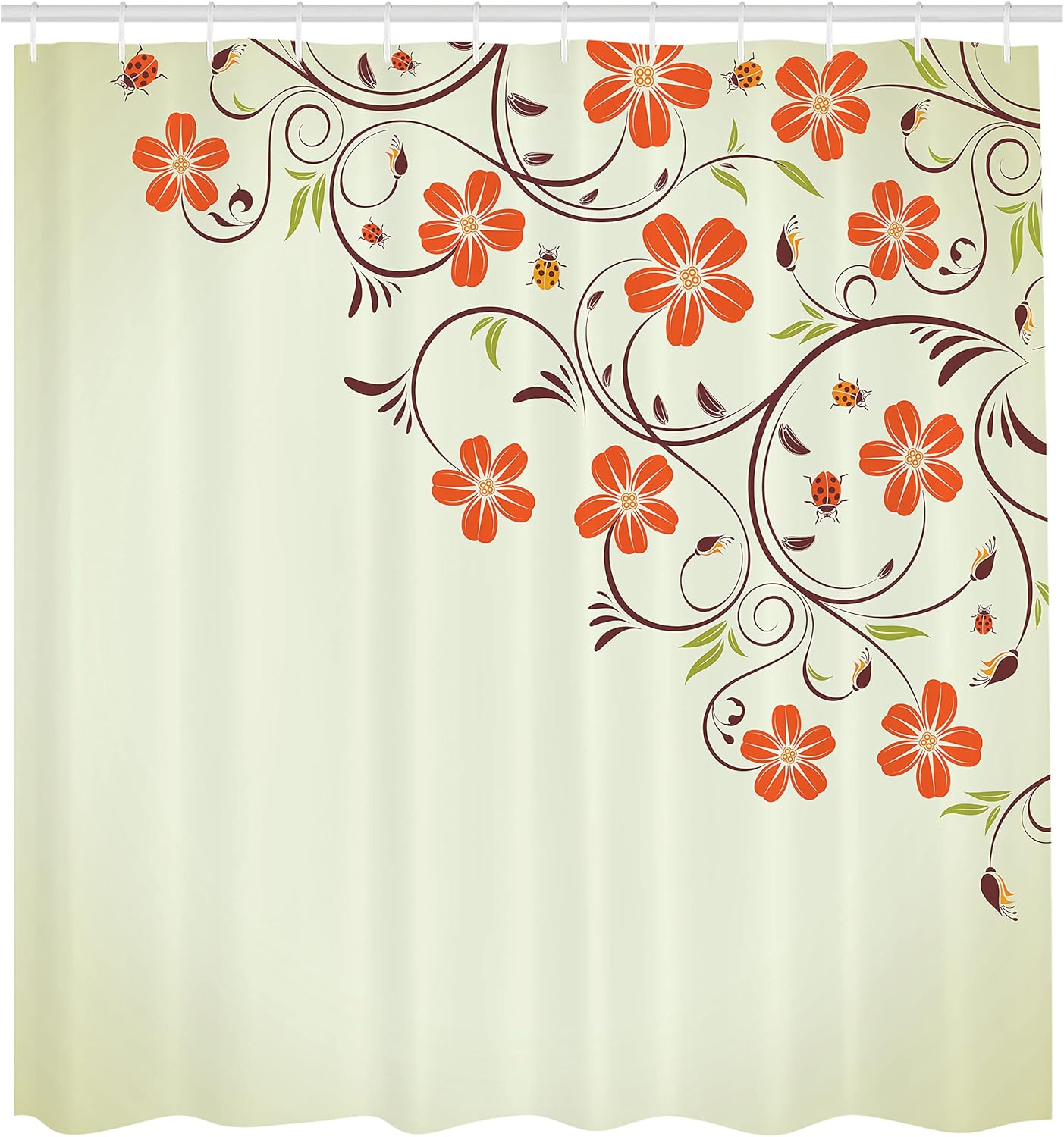 Ambesonne Ladybugs Shower Curtain, Flower Frame with Tiny Little Ladybugs and Swirl Branches Springtime Theme, Cloth Fabric Bathroom Decor Set with Hooks, 69" W x 70" L, Soft Green