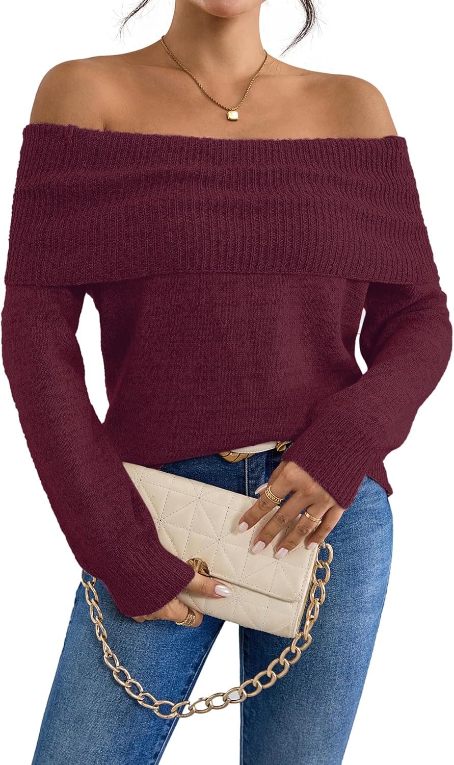 SunnyMelody Womens Off The Shoulder Sexy Sweater Fall 2025 Trendy Ladies Dressy Chunky Ribbed Knit Slim Fit Pullover Tops